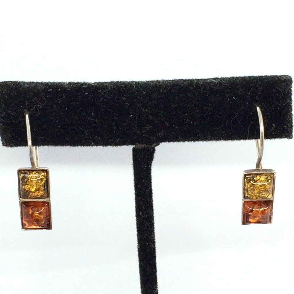 Vintage Sterling Amber Drop Earrings 925 Two Tone Baltic Amber Dangle Modernist